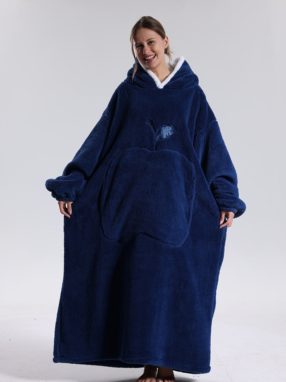 Extra long blanket hoodie with an apple-shaped pocket - navy, front