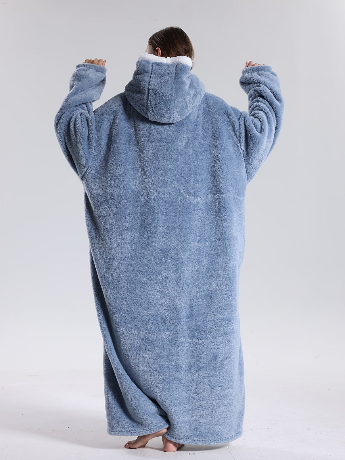 Extra long blanket hoodie with an apple-shaped pocket - light blue, back
