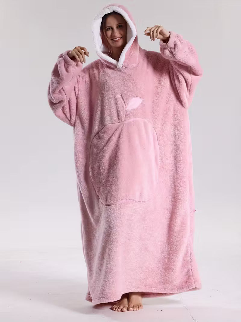 Extra long blanket hoodie with an apple-shaped pocket - pink, front