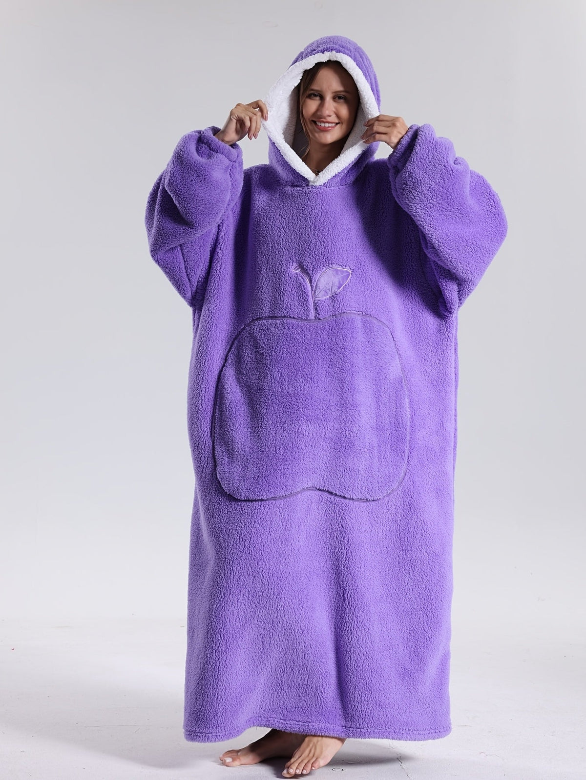 Extra long blanket hoodie with an apple-shaped pocket - purple, front