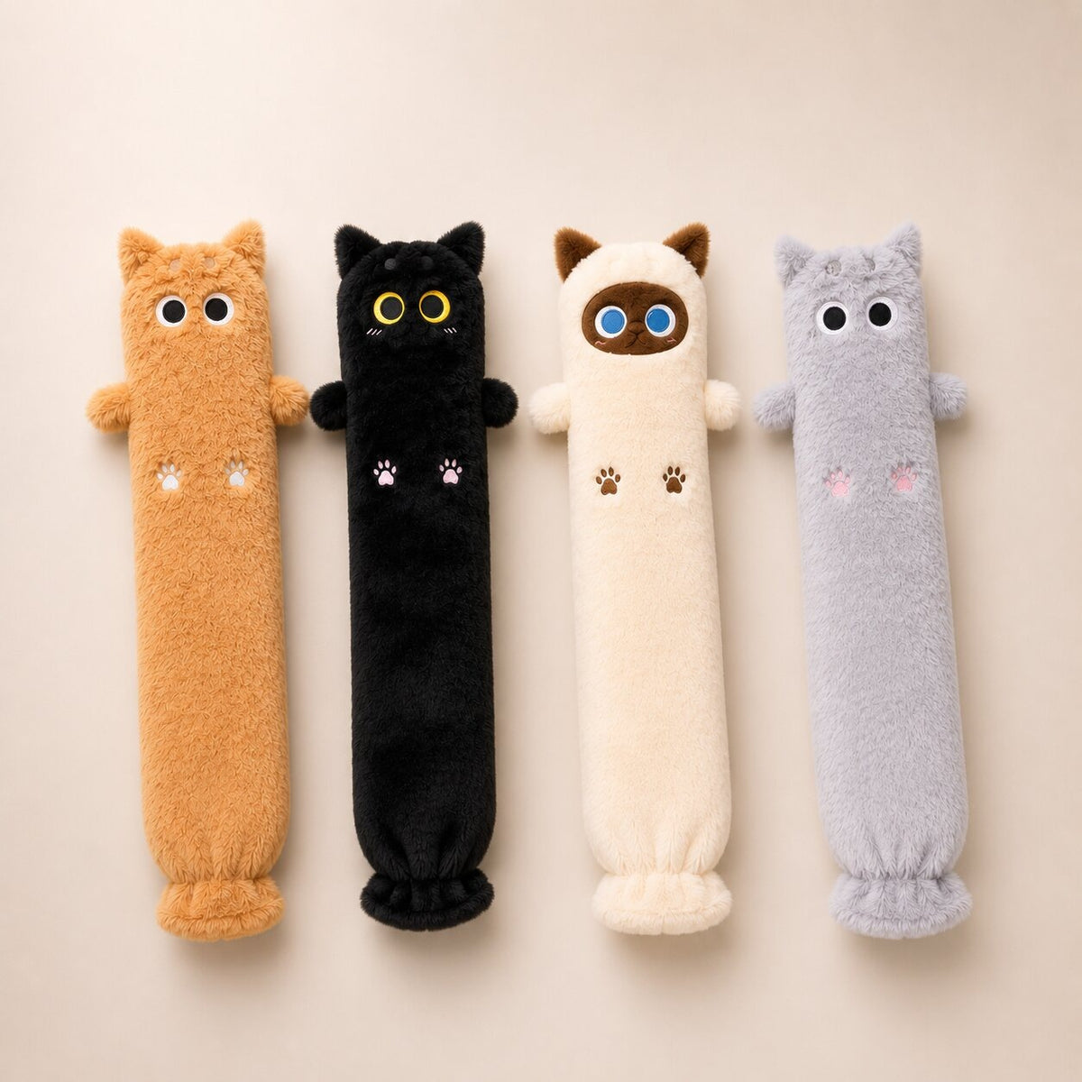 Long 75 cm cat hot water bottle with a soft plush cover