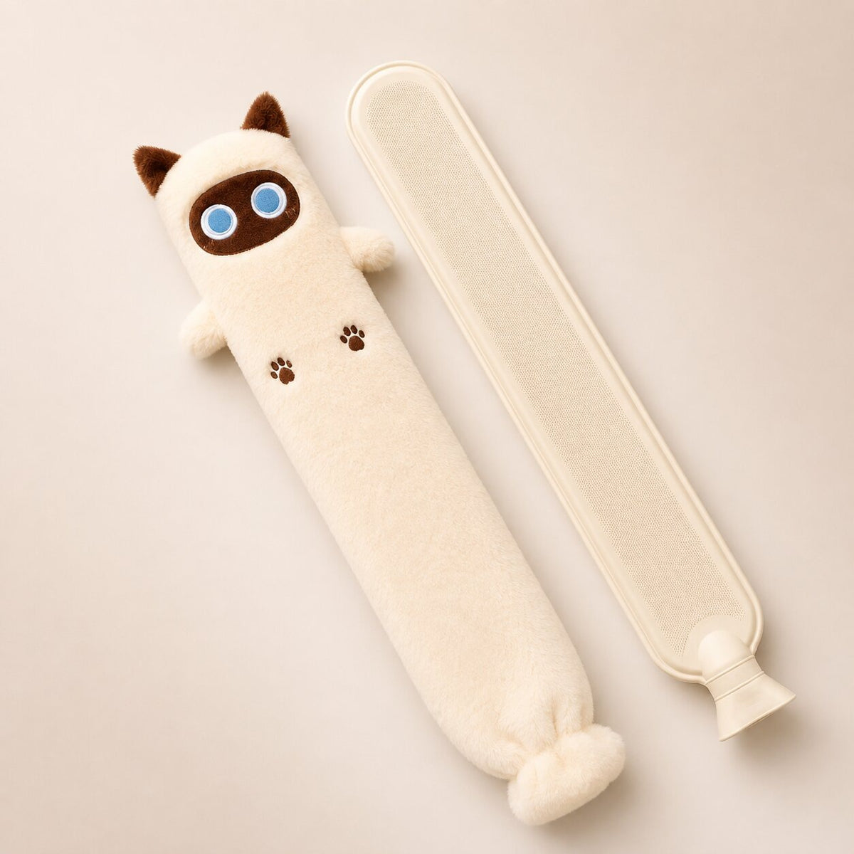 Long 75 cm cat hot water bottle with a soft plush cover - cream siamese