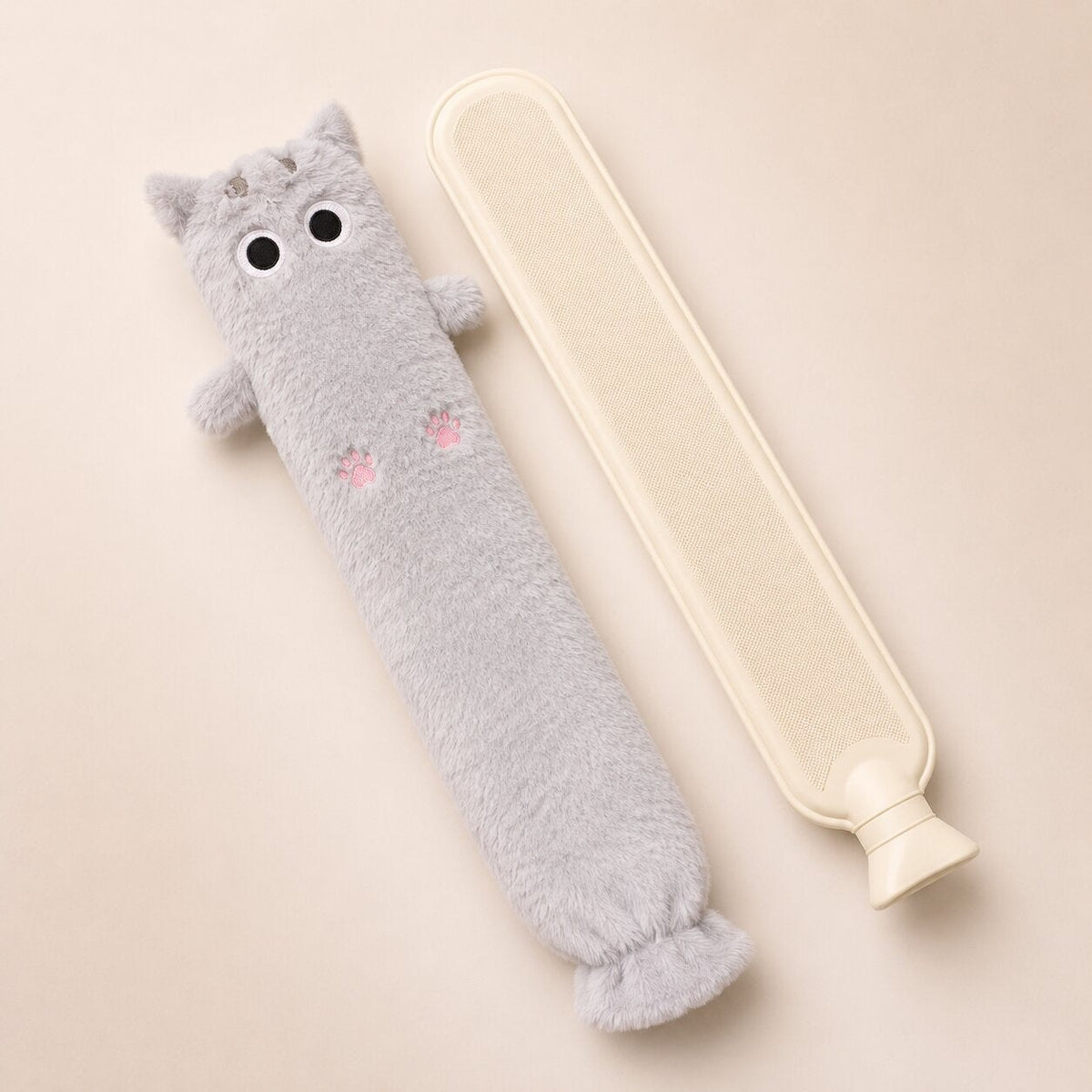 Long 75 cm cat hot water bottle with a soft plush cover - light grey