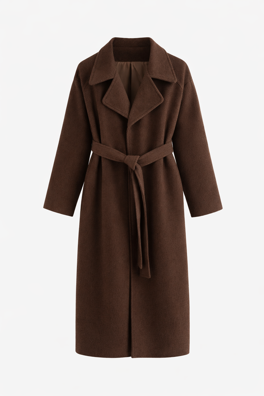 Women's long coat with a notch lapel and tie belt - dark brown