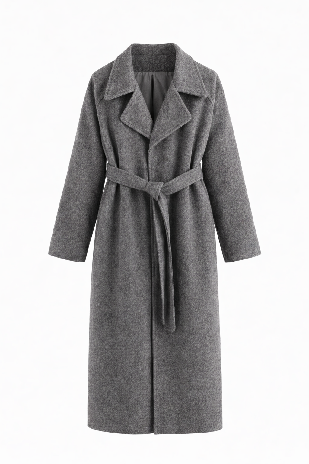 Women's long coat with a notch lapel and tie belt - grey marl