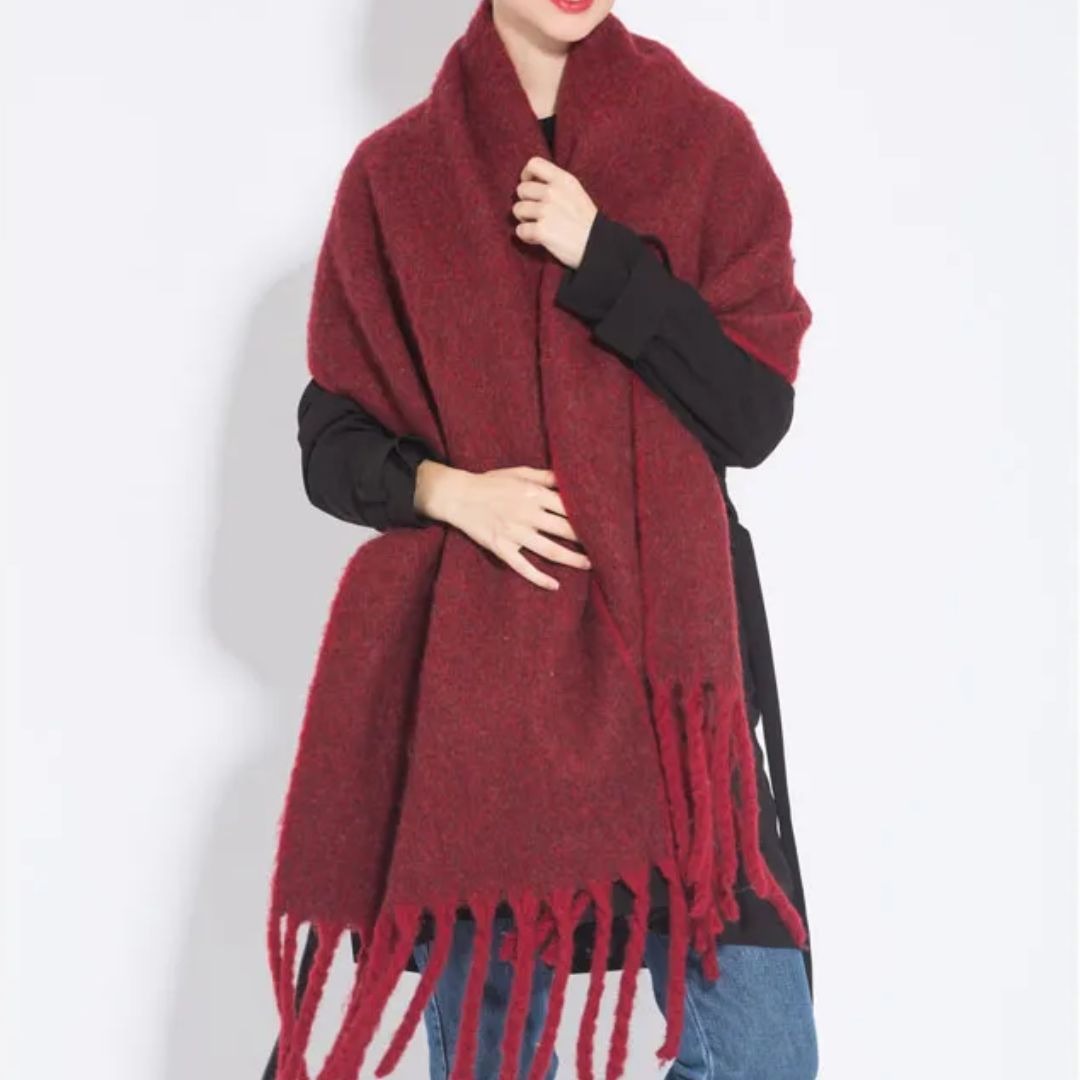 Women's long fluffy scarf with chunky tassels at both ends - burgundy