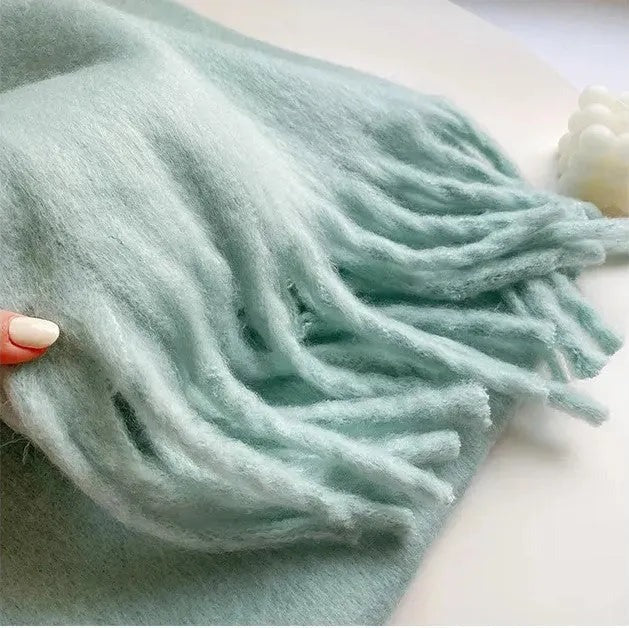 Women's long fluffy scarf with chunky tassels at both ends - mint green