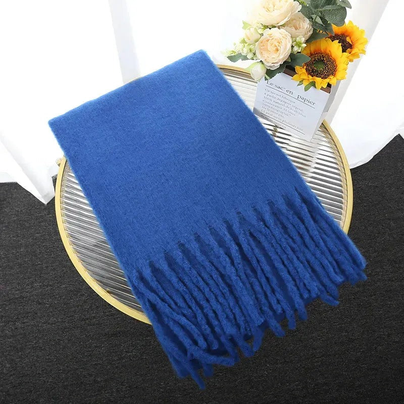 Women's long fluffy scarf with chunky tassels at both ends - cobalt blue