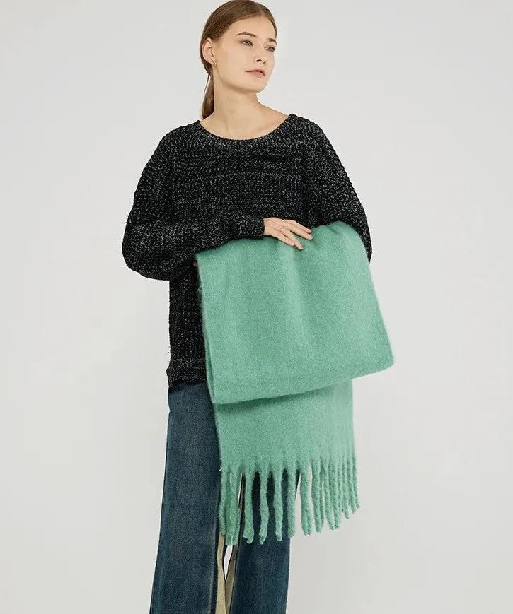 Women's long fluffy scarf with chunky tassels at both ends - sea green