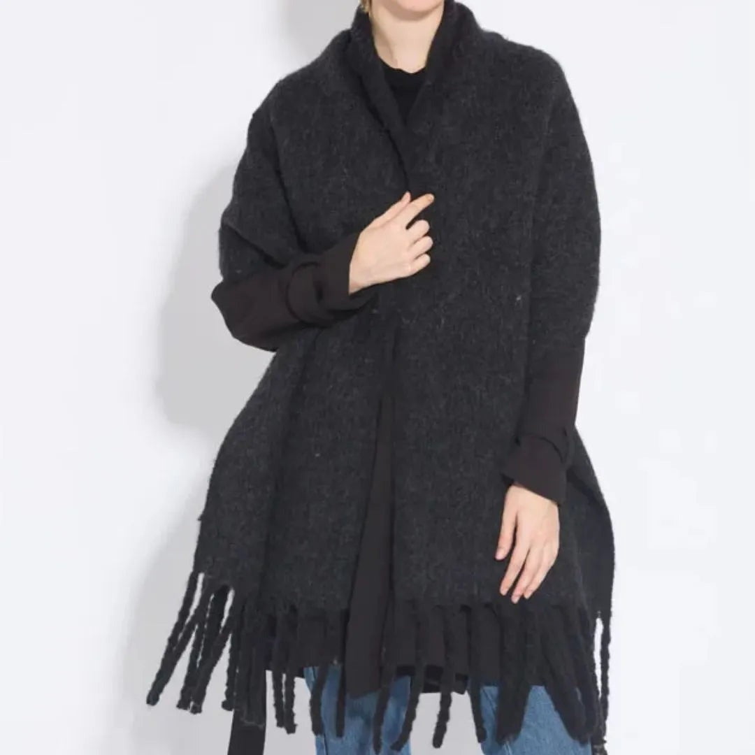 Women's long fluffy scarf with chunky tassels at both ends - black