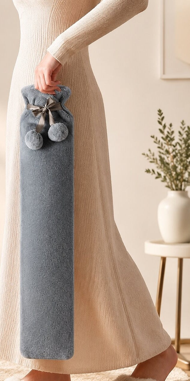 Long hot water bottle with a plush cover and pompoms, small or large - view 3