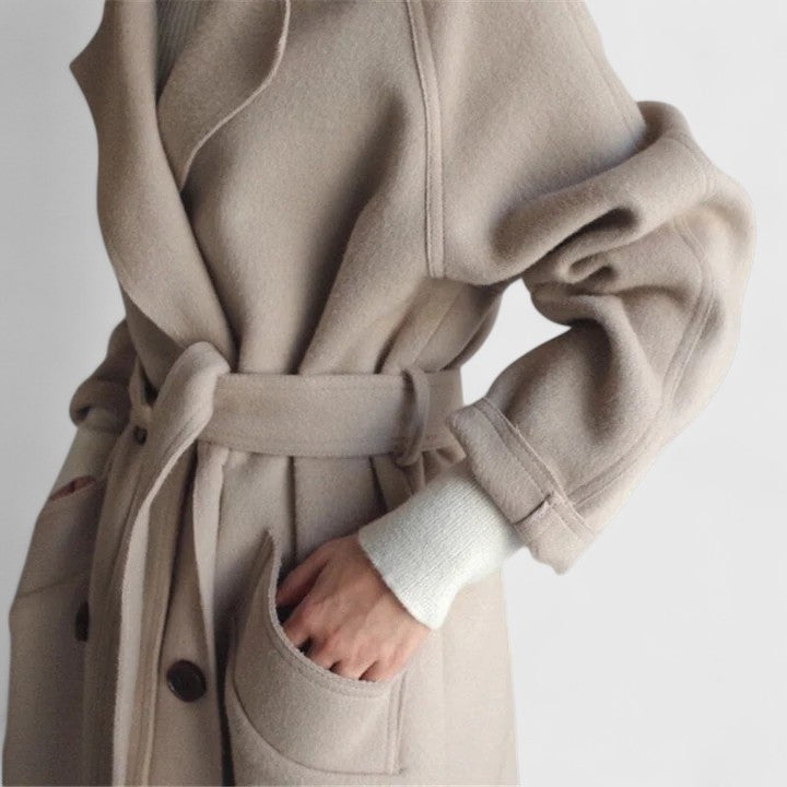 Women's longline wool-look belted coat with patch pockets - beige