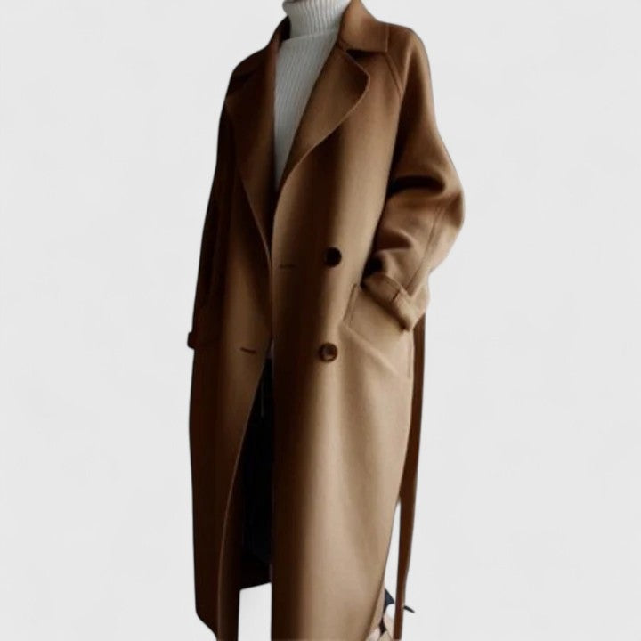 Women's longline wool-look belted coat with patch pockets - cognac