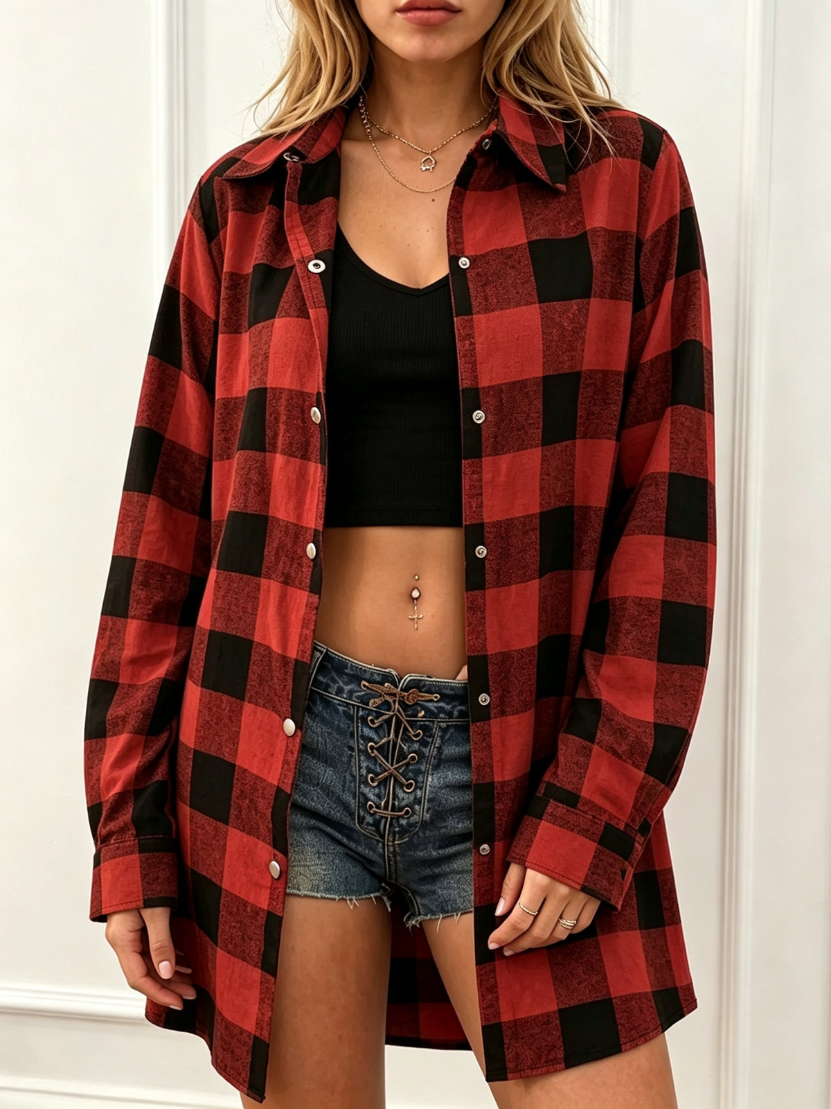Longline check shirt for women in a large buffalo check with button front and curved hem - red