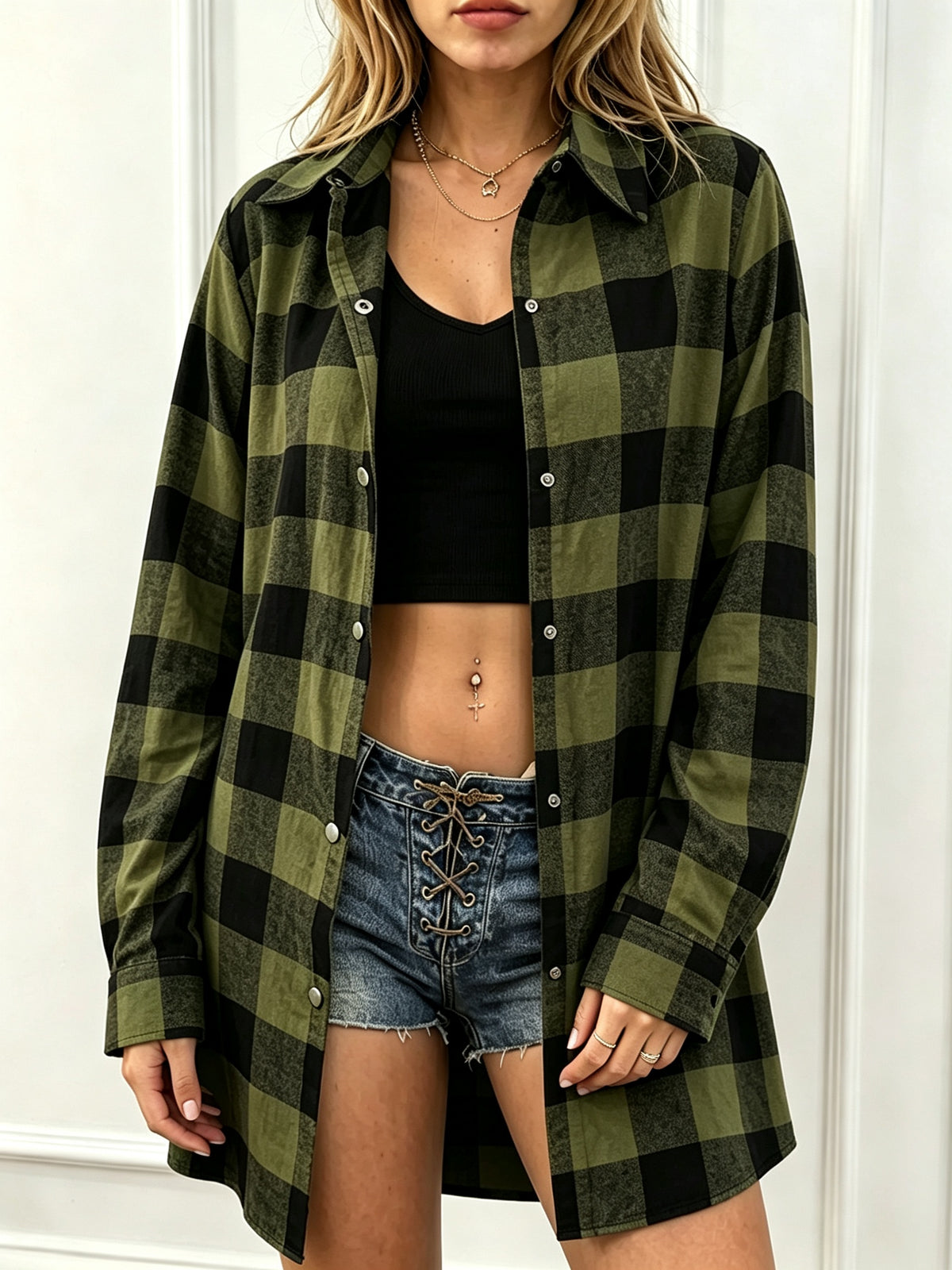 Longline check shirt for women in a large buffalo check with button front and curved hem - olive green
