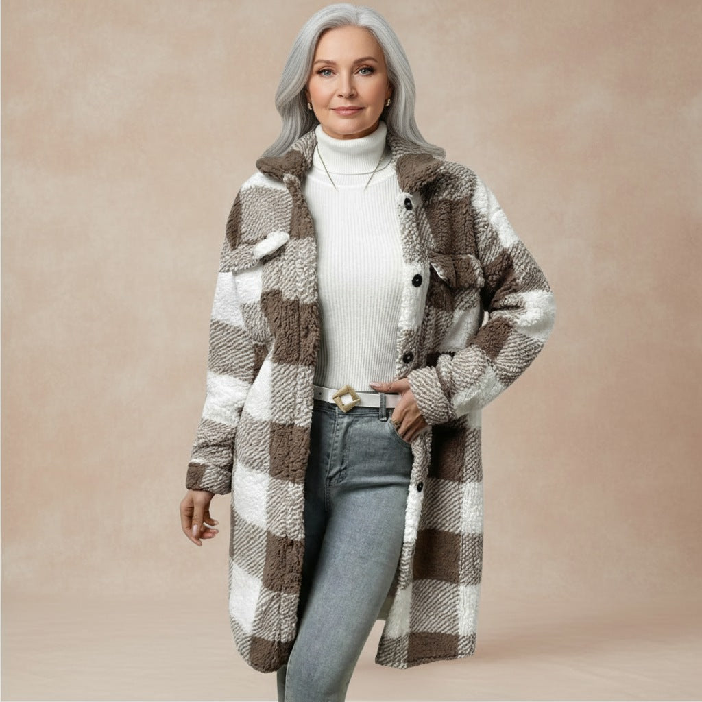 Women's longline check teddy coat with a shirt collar and chest pockets - taupe and white