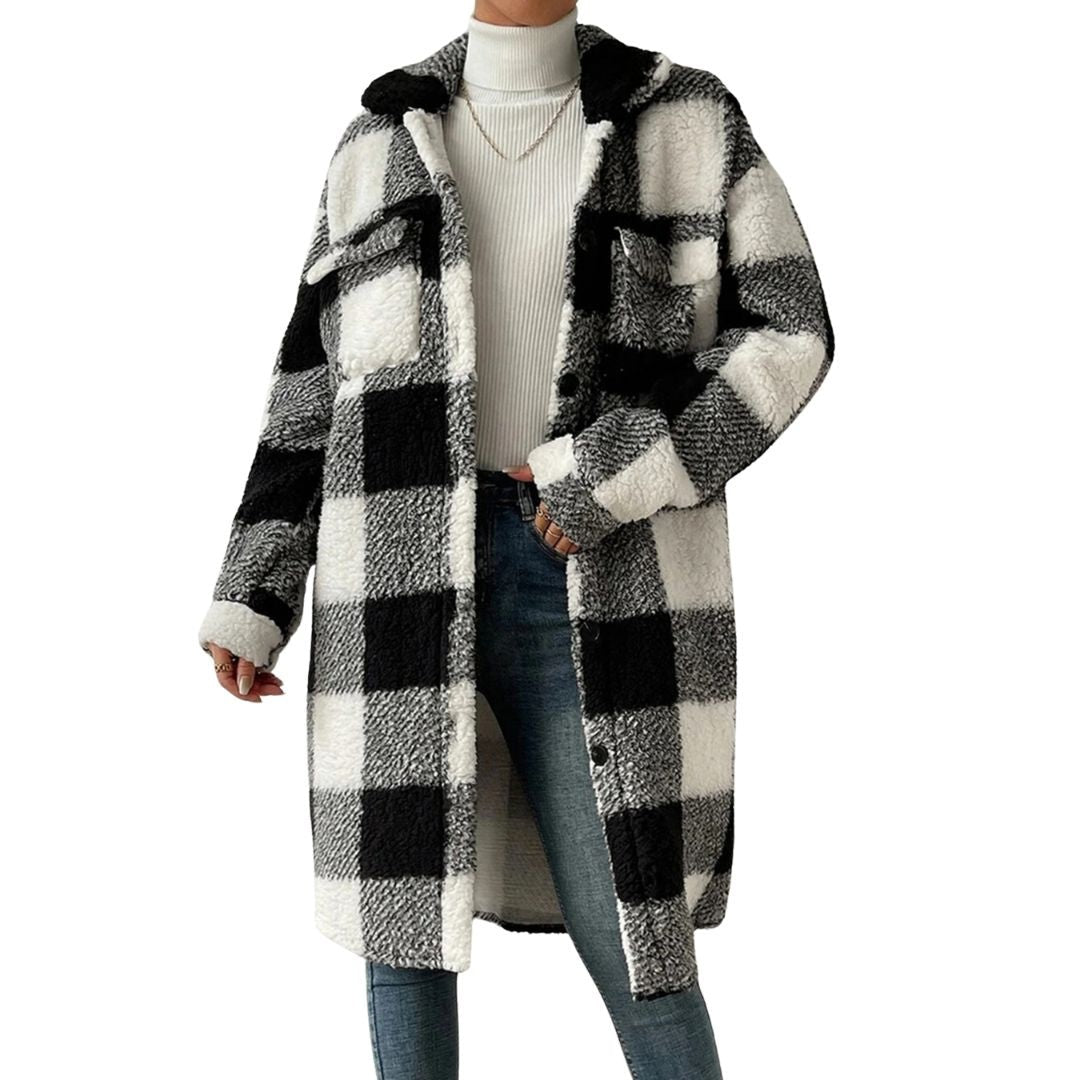 Women's longline check teddy coat with a shirt collar and chest pockets - black and white
