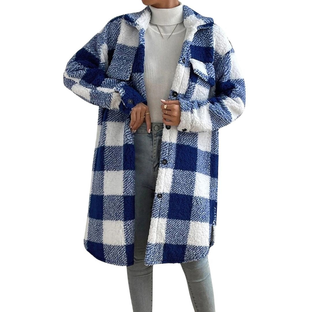 Women's longline check teddy coat with a shirt collar and chest pockets - blue and white