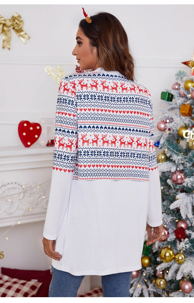 Women's longline open-front Christmas cardigan with a Fair Isle panel