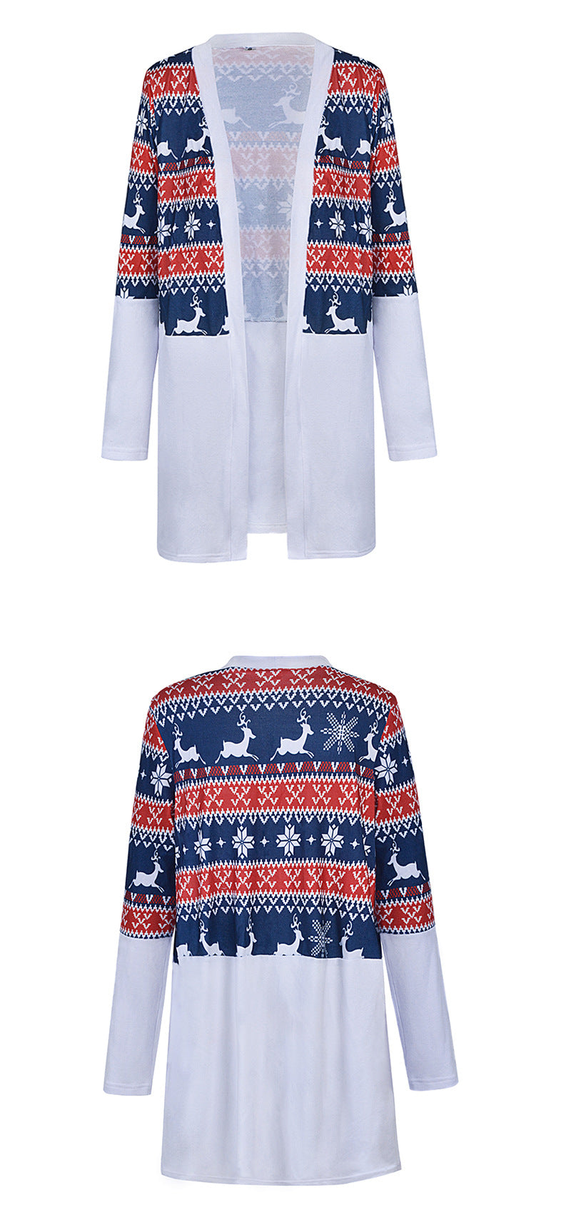 Women's longline open-front Christmas cardigan with a Fair Isle panel