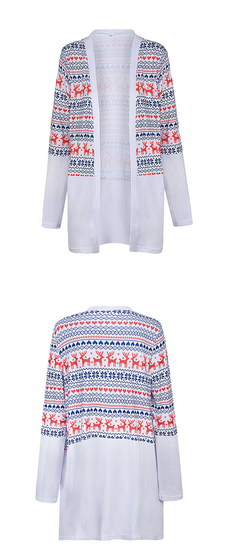 Women's longline open-front Christmas cardigan with a Fair Isle panel