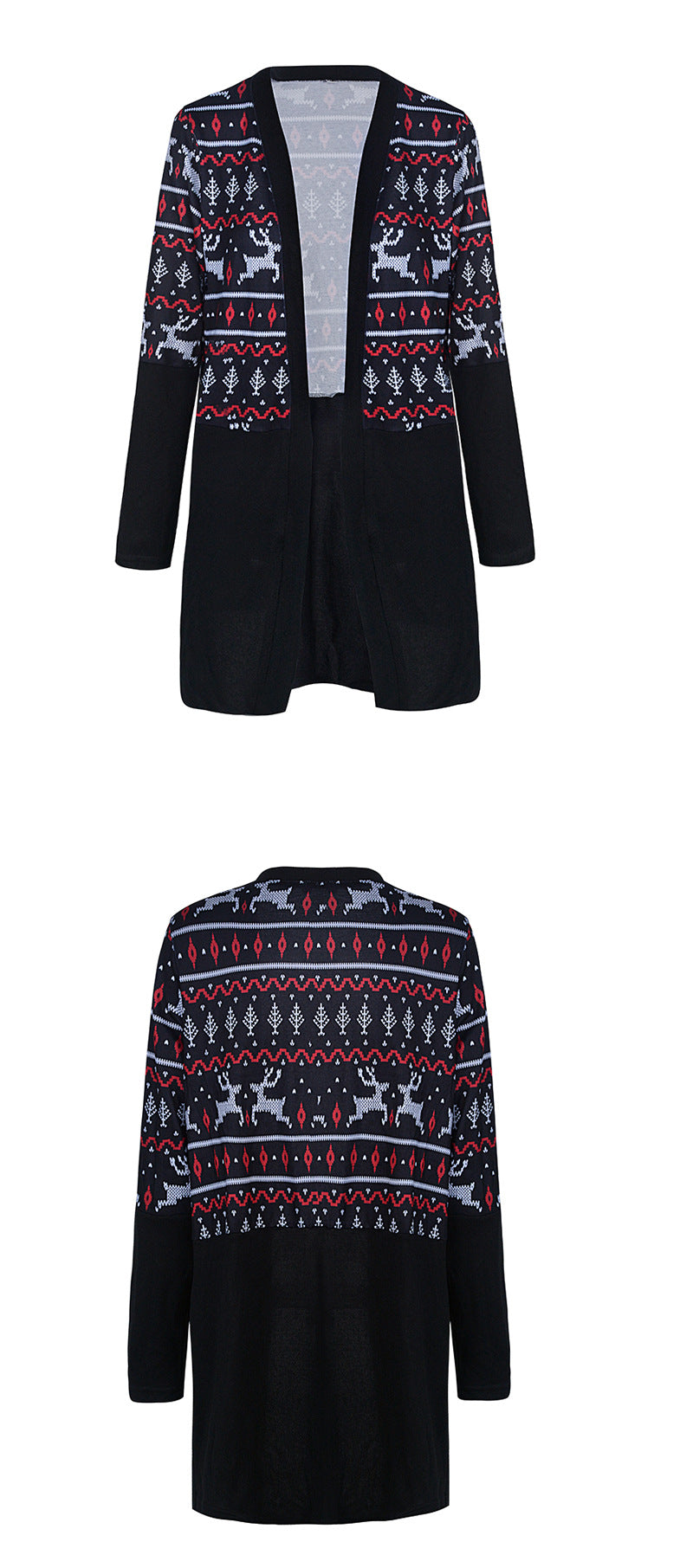 Women's longline open-front Christmas cardigan with a Fair Isle panel