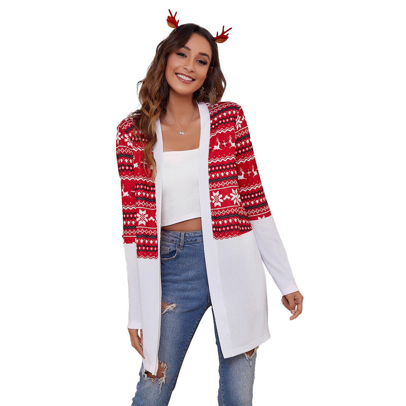 Women's longline open-front Christmas cardigan with a Fair Isle panel