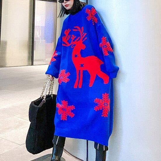 Women's longline oversized knitted Christmas jumper dress with a reindeer and snowflakes