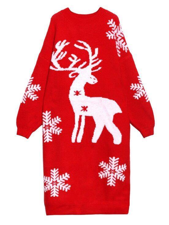 Women's longline oversized knitted Christmas jumper dress with a reindeer and snowflakes