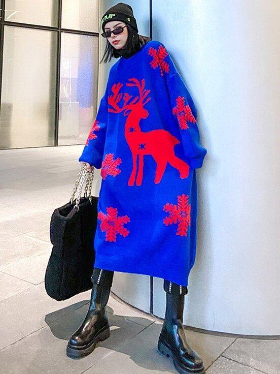 Women's longline oversized knitted Christmas jumper dress with a reindeer and snowflakes - cobalt blue with red reindeer