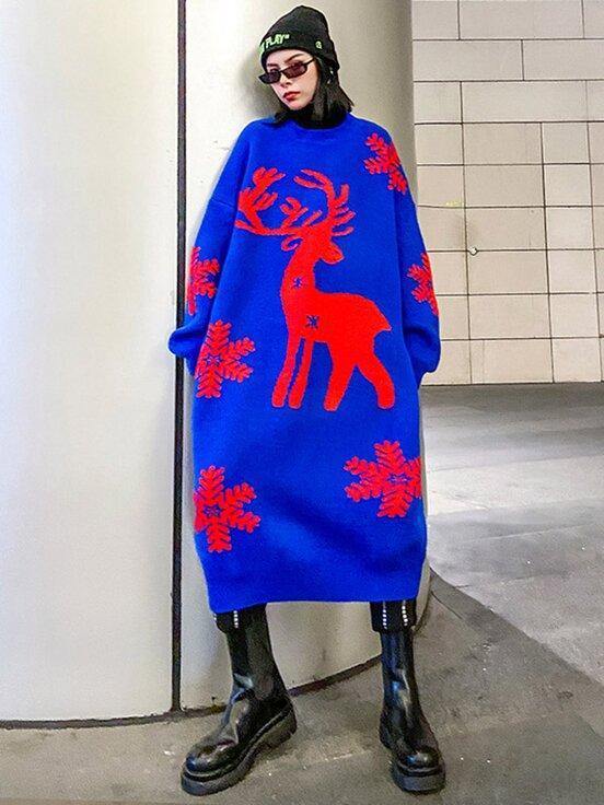 Women's longline oversized knitted Christmas jumper dress with a reindeer and snowflakes