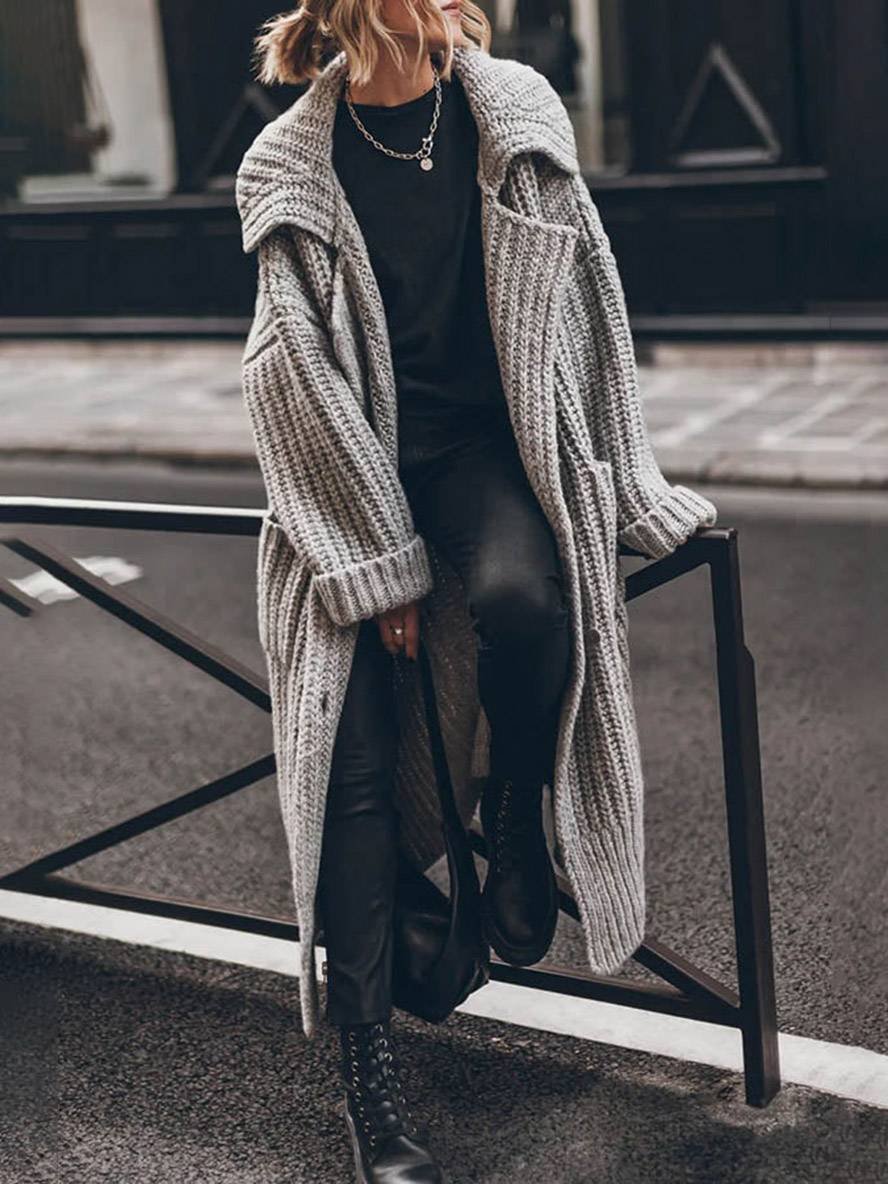 Women's longline chunky knit cardigan with a wide collar and patch pockets - grey