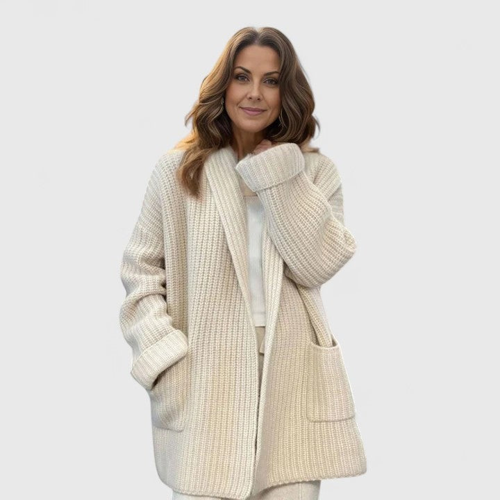 Women's longline chunky rib cardigan with a shawl collar and pockets - ecru