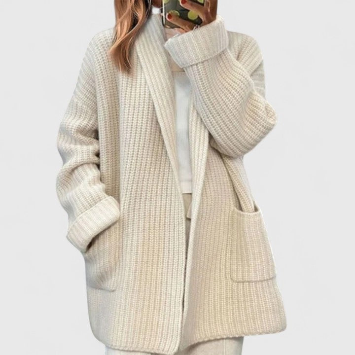 Women's longline chunky rib cardigan with a shawl collar and pockets - ecru