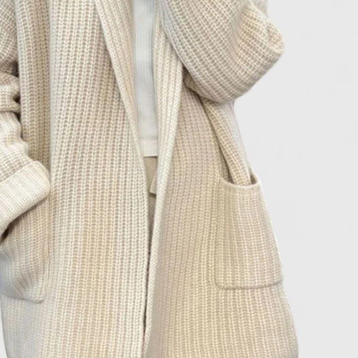 Women's longline chunky rib cardigan with a shawl collar and pockets - ecru