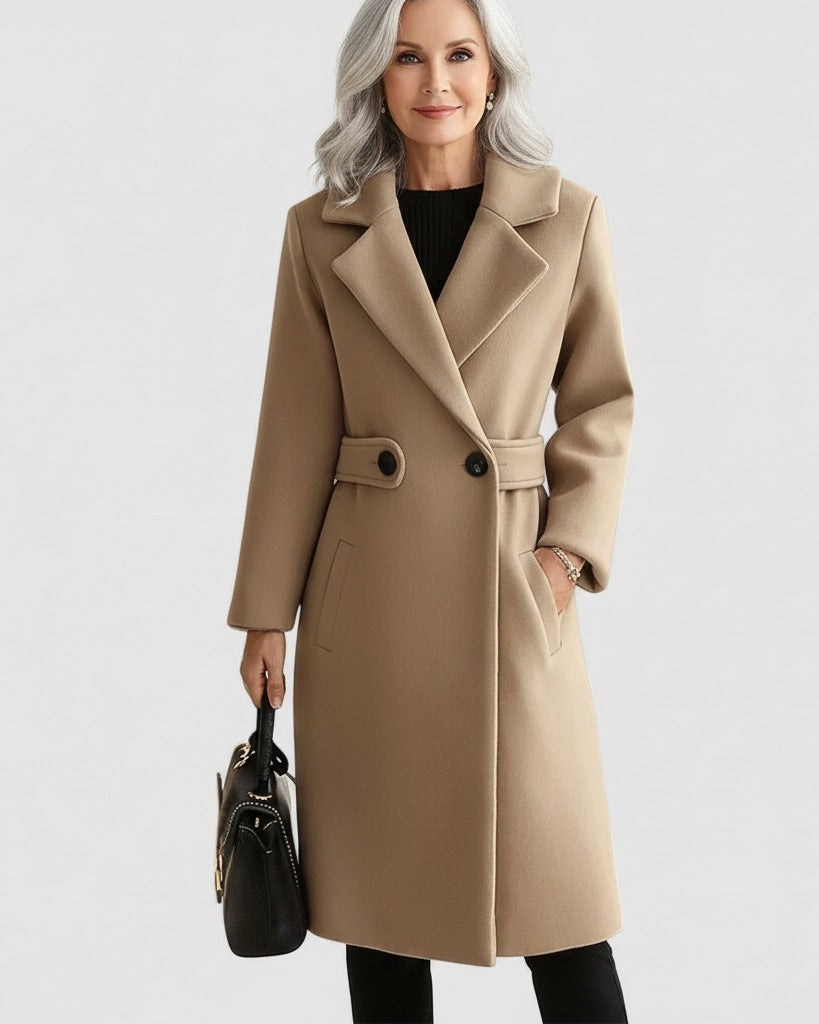Women's longline wool-look coat with notch lapels and a buttoned waist tab - beige