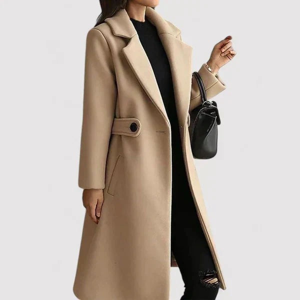 Women's longline wool-look coat with notch lapels and a buttoned waist tab - beige