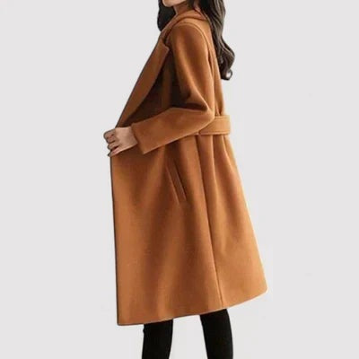 Women's longline wool-look coat with notch lapels and a buttoned waist tab - cognac