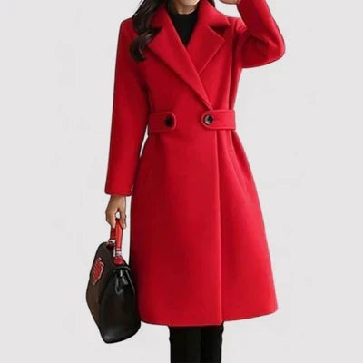 Women's longline wool-look coat with notch lapels and a buttoned waist tab - red