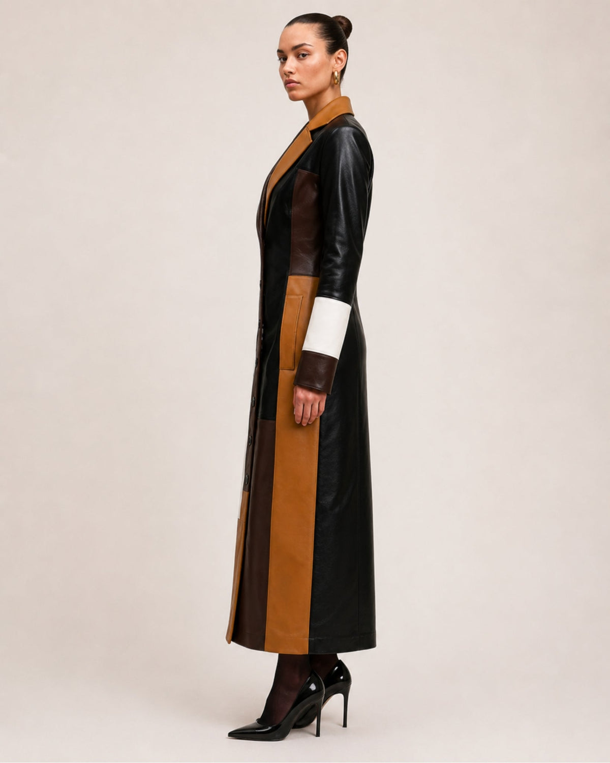 Women's longline colour block coat in a leather look with lapels and a button front