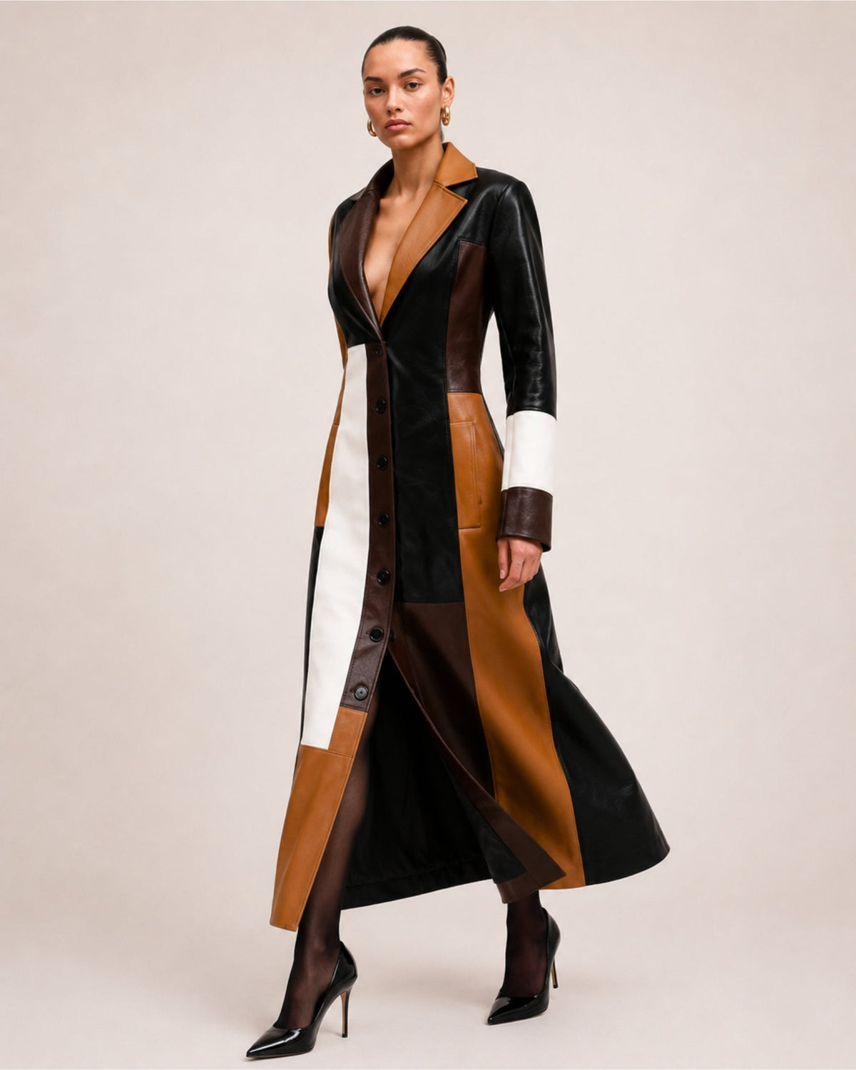 Women's longline colour block coat in a leather look with lapels and a button front