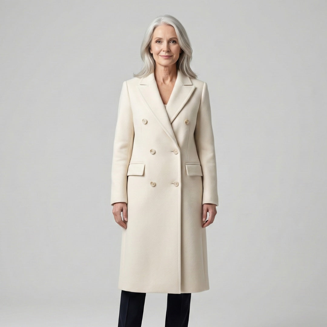 Women's longline double-breasted coat with peak lapels and flap pockets - cream