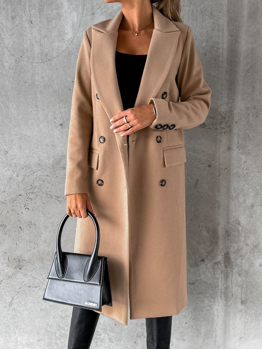 Women's longline double-breasted coat with peak lapels and flap pockets - camel