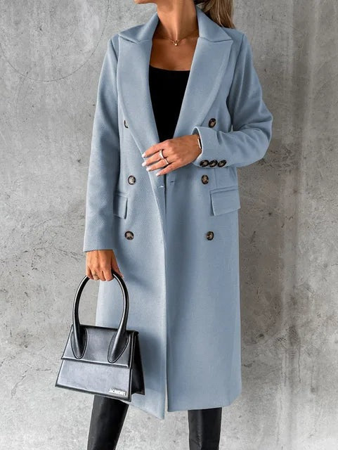 Women's longline double-breasted coat with peak lapels and flap pockets - light blue