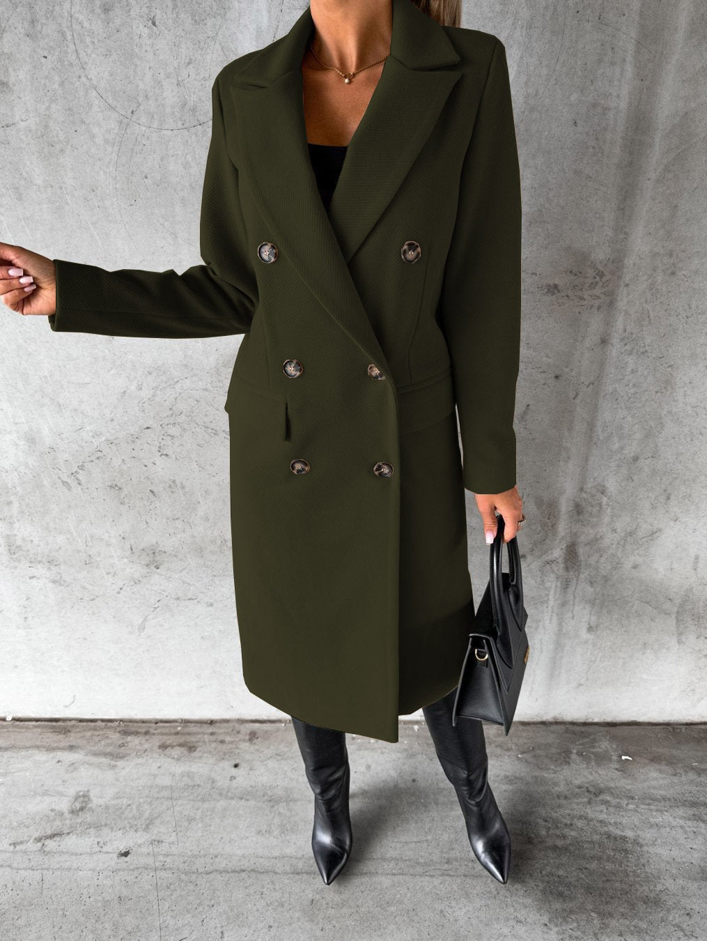 Women's longline double-breasted coat with peak lapels and flap pockets - dark green