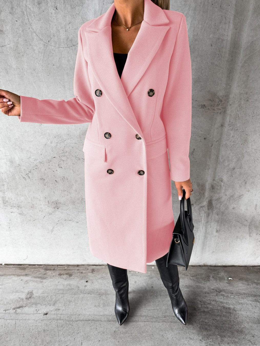 Women's longline double-breasted coat with peak lapels and flap pockets - light pink