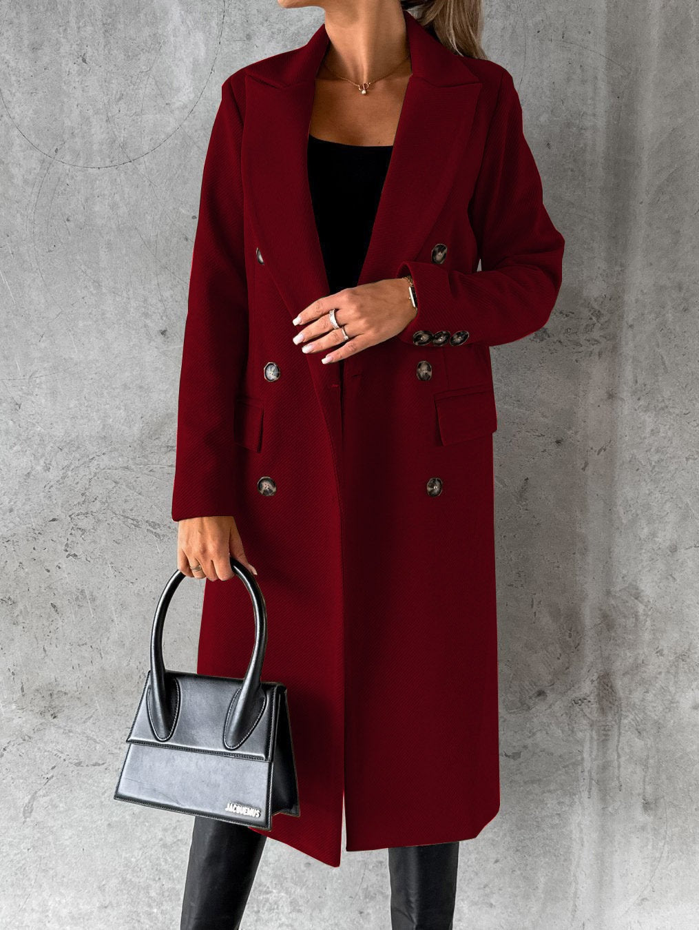 Women's longline double-breasted coat with peak lapels and flap pockets - burgundy