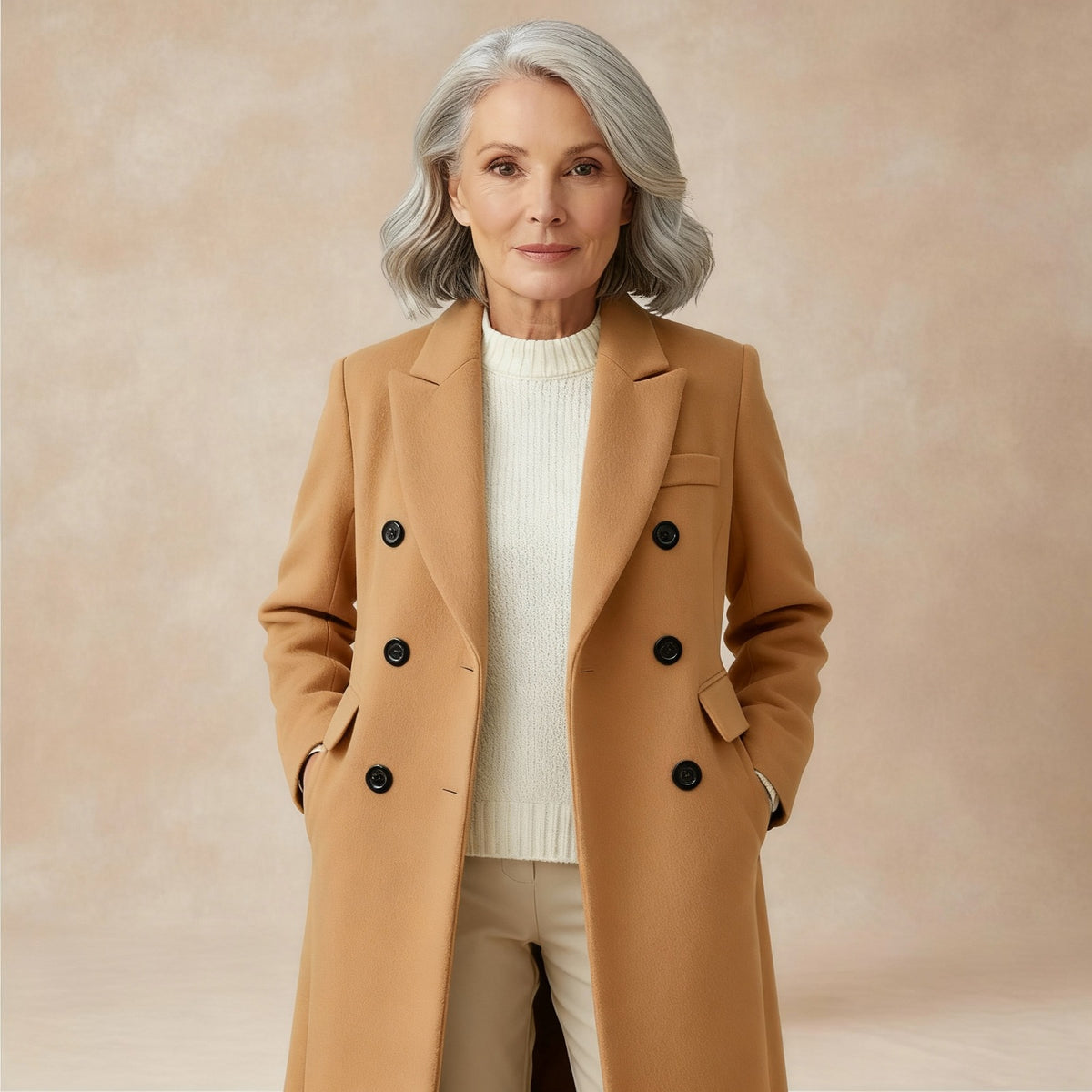 Women's longline double-breasted coat in a wool look with wide lapels - camel