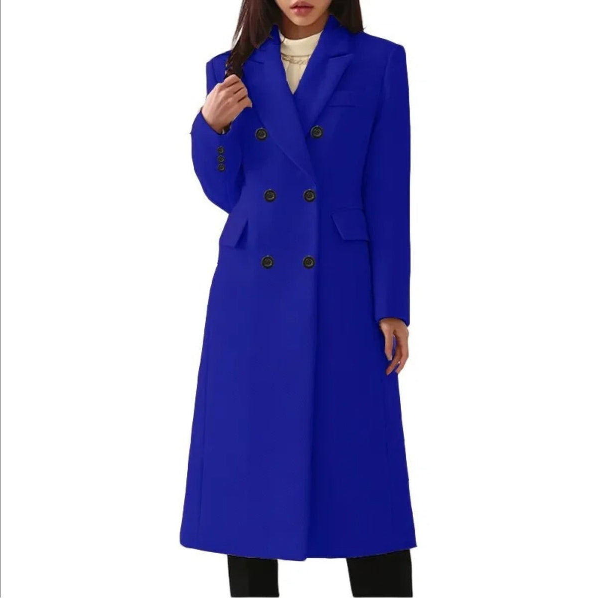 Women's longline double-breasted coat in a wool look with wide lapels - cobalt blue