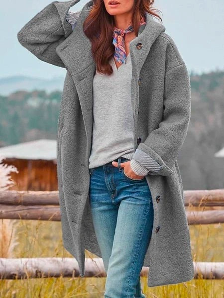 Women's longline hooded bouclé coat with a button front - grey